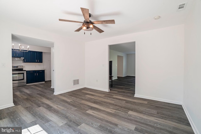 13217 Gundale, Middle River, MD 21220 - unfurnished living room featuring baseboards, ceiling fan with notable chandelier, dark wood-type flooring, and visible vents