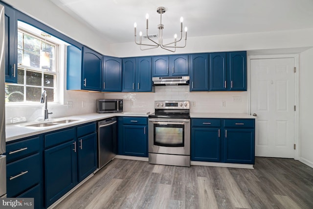 13217 Gundale, Middle River, MD 21220 - kitchen with blue cabinets, a sink, under cabinet range hood, and stainless steel appliances