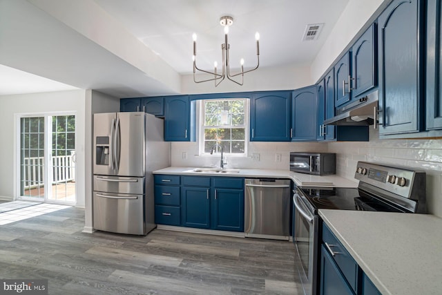 13217 Gundale, Middle River, MD 21220 - kitchen with under cabinet range hood, stainless steel appliances, blue cabinetry, and a sink