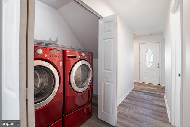 13217 Gundale, Middle River, MD 21220 - washroom featuring laundry area, washer and clothes dryer, baseboards, and wood finished floors