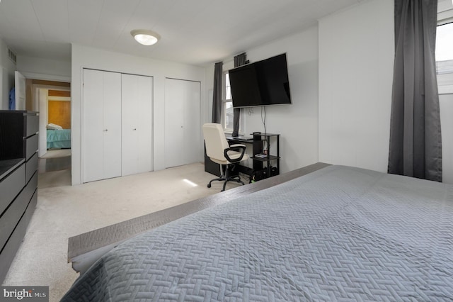 bedroom featuring carpet and multiple closets