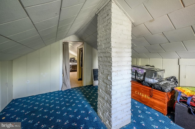 carpeted bedroom featuring vaulted ceiling