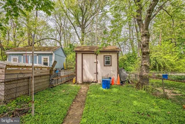 view of shed with a fenced backyard