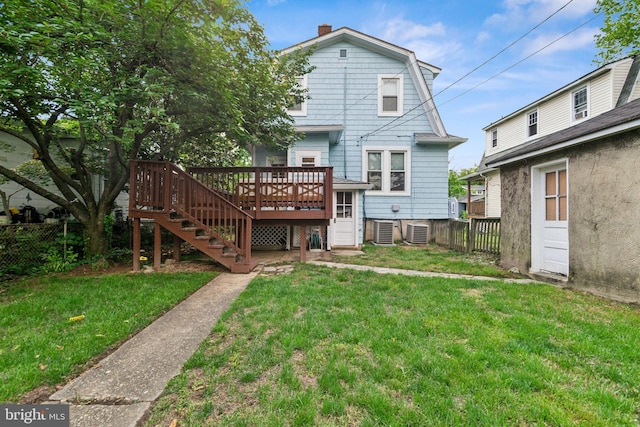 3330 Richmond Ave, Baltimore, MD 21213 - back of property with stairs, a wooden deck, cooling unit, a gambrel roof, and a chimney