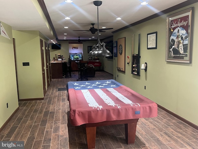 3211 Havenwood Ct, Edgewater, MD 21037 - recreation room with billiards, dark wood-style flooring, baseboards, a bar, and recessed lighting