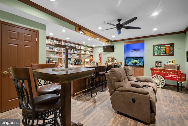 3211 Havenwood Ct, Edgewater, MD 21037 - indoor bar with crown molding, wood finished floors, ceiling fan, recessed lighting, and baseboards