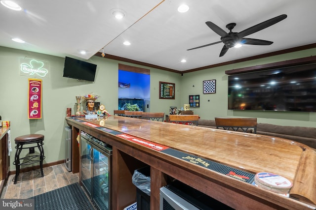 3211 Havenwood Ct, Edgewater, MD 21037 - indoor dry bar featuring beverage cooler, recessed lighting, ceiling fan, baseboards, and ornamental molding