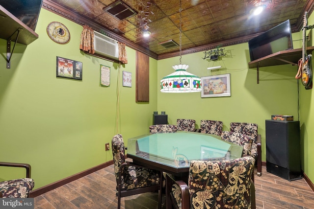 3211 Havenwood Ct, Edgewater, MD 21037 - game room featuring an ornate ceiling, baseboards, wood finished floors, a wall unit AC, and ornamental molding