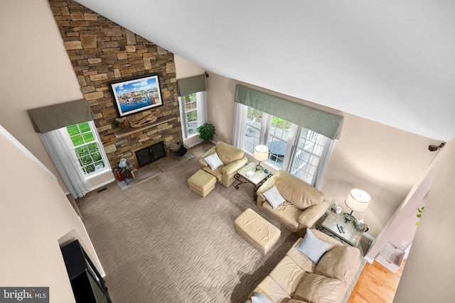 3211 Havenwood Ct, Edgewater, MD 21037 - living area featuring high vaulted ceiling and a stone fireplace