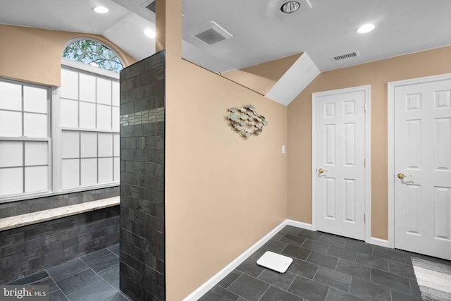 3211 Havenwood Ct, Edgewater, MD 21037 - bathroom with lofted ceiling, baseboards, recessed lighting, and walk in shower