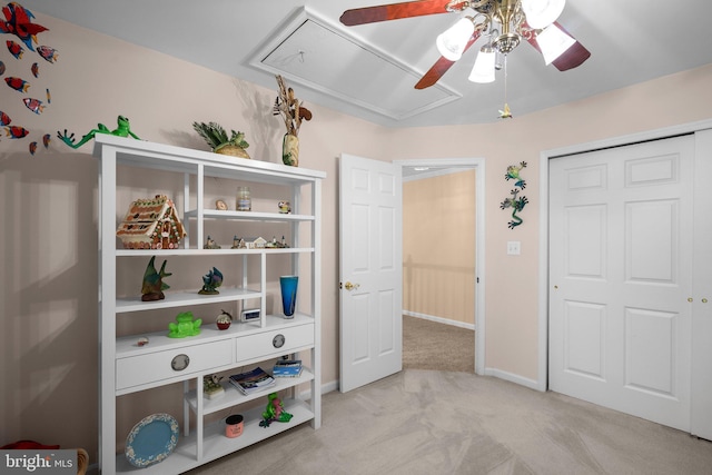 3211 Havenwood Ct, Edgewater, MD 21037 - bedroom featuring attic access, light colored carpet, a closet, baseboards, and ceiling fan