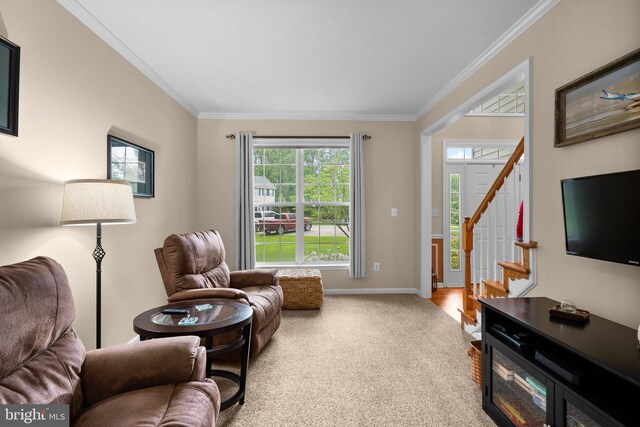 3211 Havenwood Ct, Edgewater, MD 21037 - living room with ornamental molding, carpet floors, baseboards, and stairs