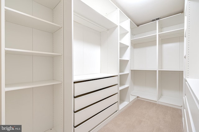 walk in closet featuring visible vents and light colored carpet