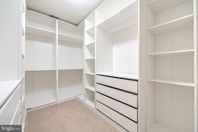 walk in closet featuring visible vents and light colored carpet