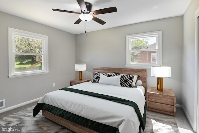 bedroom featuring baseboards, carpet flooring, and multiple windows