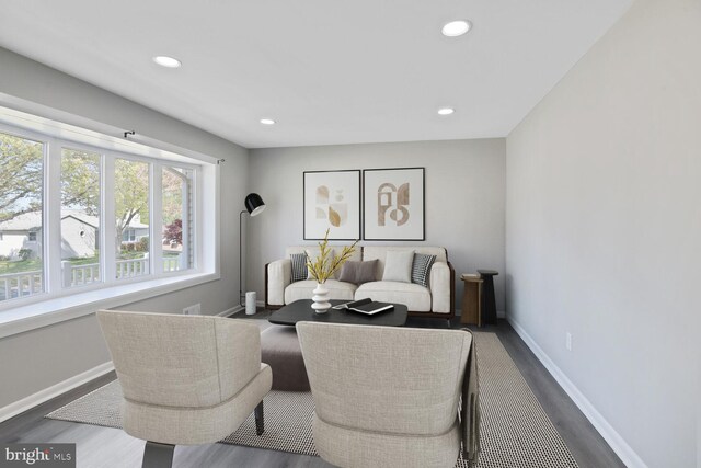 living area with baseboards, recessed lighting, and wood finished floors