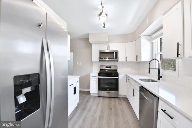 kitchen featuring appliances with stainless steel finishes, a sink, white cabinetry, light wood-type flooring, and backsplash
