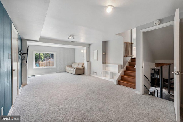 25 Haddington Rd, Lutherville Timonium, MD 21093 - interior space featuring stairway, carpet, and a baseboard radiator