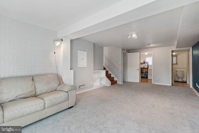25 Haddington Rd, Lutherville Timonium, MD 21093 - living area with carpet floors, baseboards, and stairs
