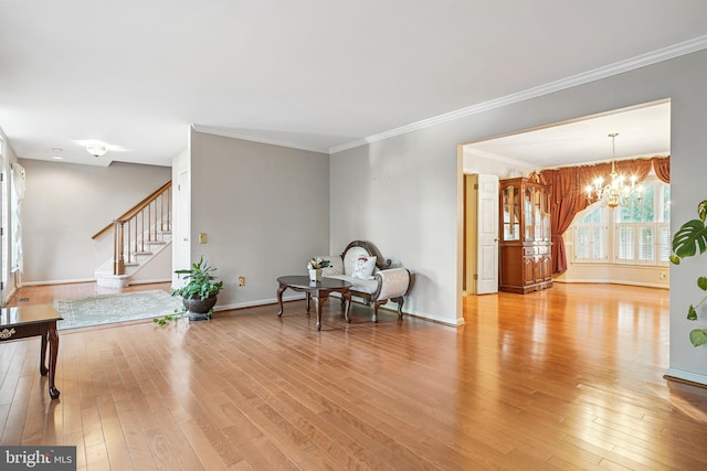 1728 Catherine Fran Dr, Accokeek, MD 20607 - sitting room featuring baseboards, wood finished floors, an inviting chandelier, and stairs