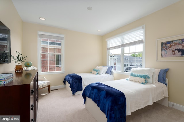 bedroom featuring carpet floors, recessed lighting, and baseboards