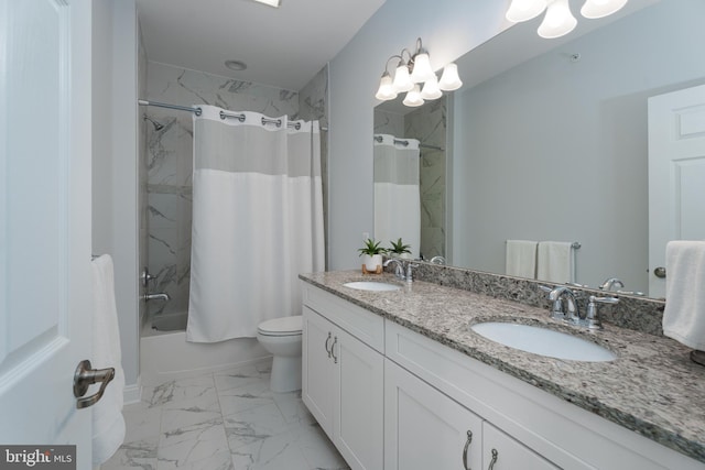 bathroom featuring double vanity, a sink, marble finish floor, and shower / bathtub combination with curtain
