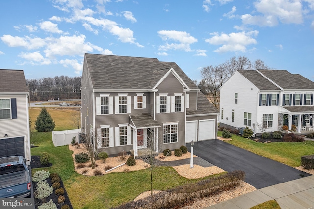 colonial inspired home with fence, a shingled roof, a front lawn, an attached garage, and driveway
