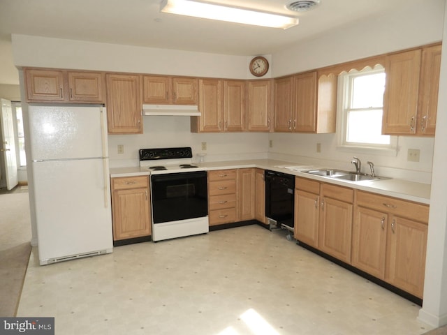 kitchen featuring electric stove, a sink, dishwasher, under cabinet range hood, and freestanding refrigerator