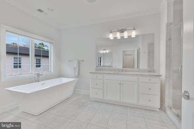 full bath featuring a shower stall, tile patterned floors, visible vents, vanity, and crown molding
