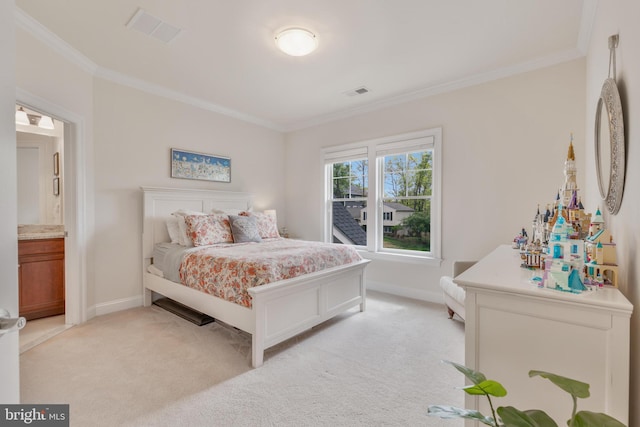 bedroom featuring light carpet, baseboards, visible vents, and ornamental molding