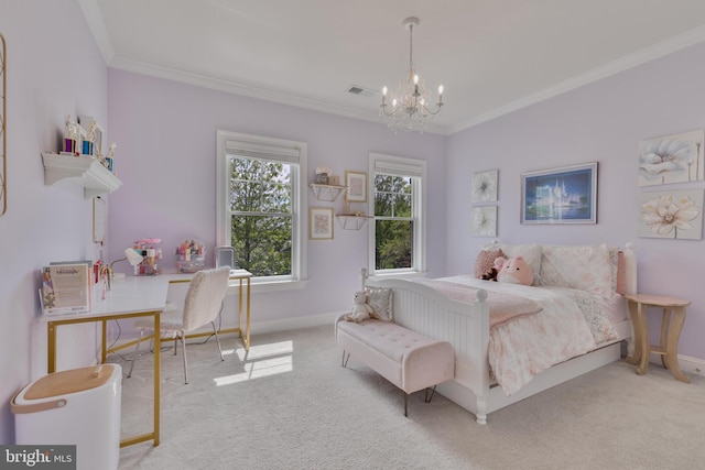 bedroom featuring visible vents, carpet, a notable chandelier, and crown molding