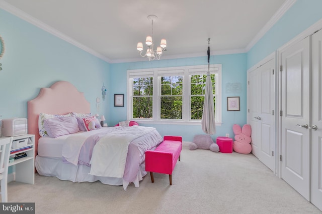 carpeted bedroom featuring a notable chandelier and ornamental molding