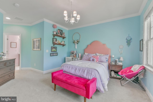 bedroom featuring a notable chandelier, baseboards, ornamental molding, and carpet