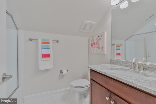 bathroom with tile patterned floors, toilet, baseboards, visible vents, and an enclosed shower