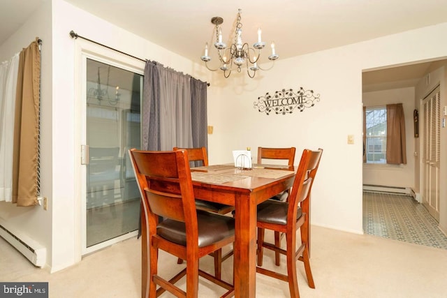 dining space featuring light colored carpet, a baseboard radiator, baseboard heating, and an inviting chandelier
