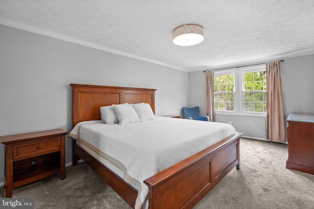 bedroom featuring light colored carpet, a textured ceiling, crown molding, and baseboards
