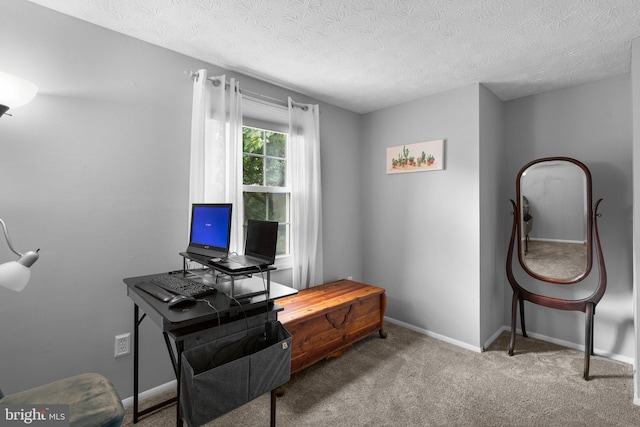 carpeted home office featuring baseboards and a textured ceiling