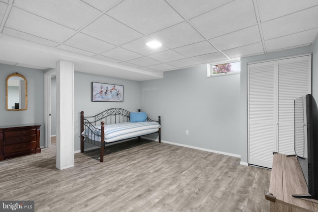bedroom with a drop ceiling, wood finished floors, baseboards, and a closet