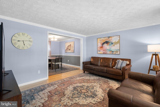 living area featuring wood finished floors, baseboards, ornamental molding, and a textured ceiling