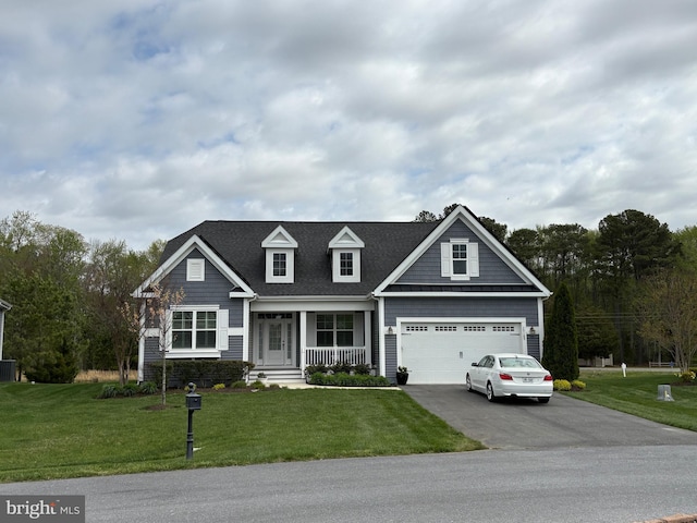 cape cod-style house featuring central AC, a front lawn, driveway, and a porch