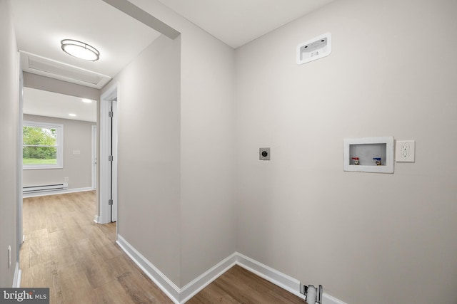 clothes washing area featuring laundry area, hookup for an electric dryer, a baseboard heating unit, hookup for a washing machine, and attic access