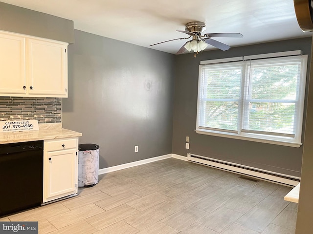 kitchen with white cabinets, backsplash, a ceiling fan, dishwasher, and a baseboard radiator