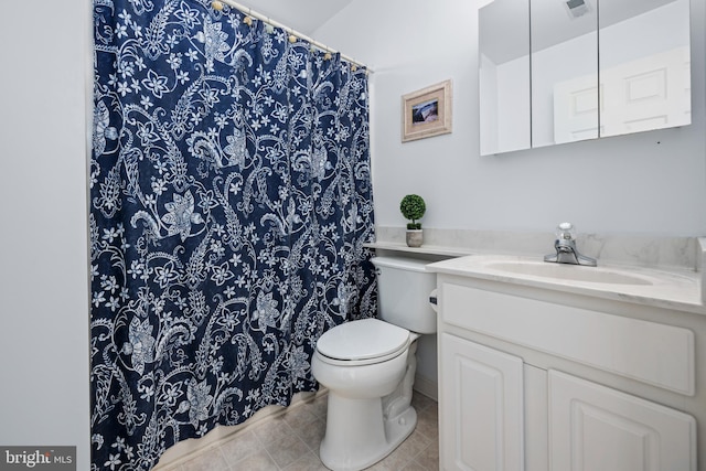 full bath with curtained shower, toilet, vanity, and tile patterned floors