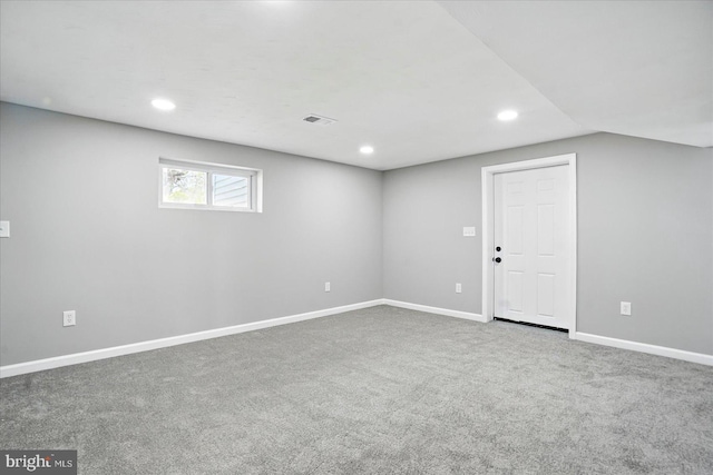 basement featuring recessed lighting, carpet, visible vents, and baseboards