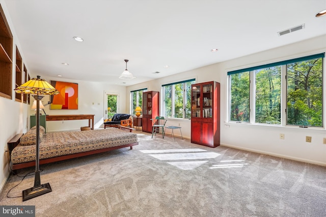carpeted bedroom with baseboards, visible vents, and recessed lighting
