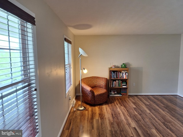 living area featuring baseboards, wood finished floors, and a wealth of natural light