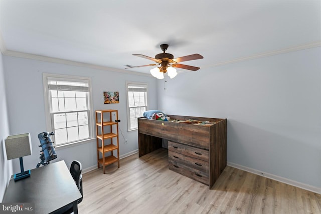 bedroom featuring baseboards, light wood-style flooring, ceiling fan, and crown molding