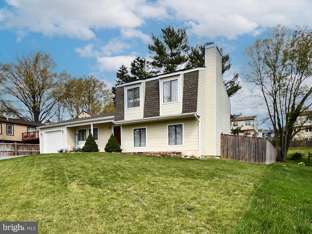 8362 Inspiration Ave, Walkersville, MD 21793 - view of front of home featuring a chimney, fence, a front lawn, roof with shingles, and a garage