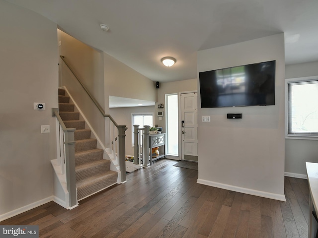 8362 Inspiration Ave, Walkersville, MD 21793 - foyer featuring baseboards, dark wood-style flooring, and stairs