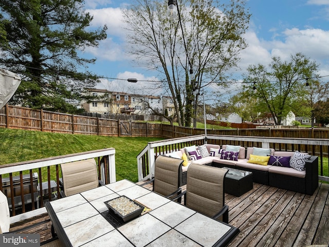 8362 Inspiration Ave, Walkersville, MD 21793 - wooden terrace with a yard, a fenced backyard, outdoor dining area, and an outdoor living space